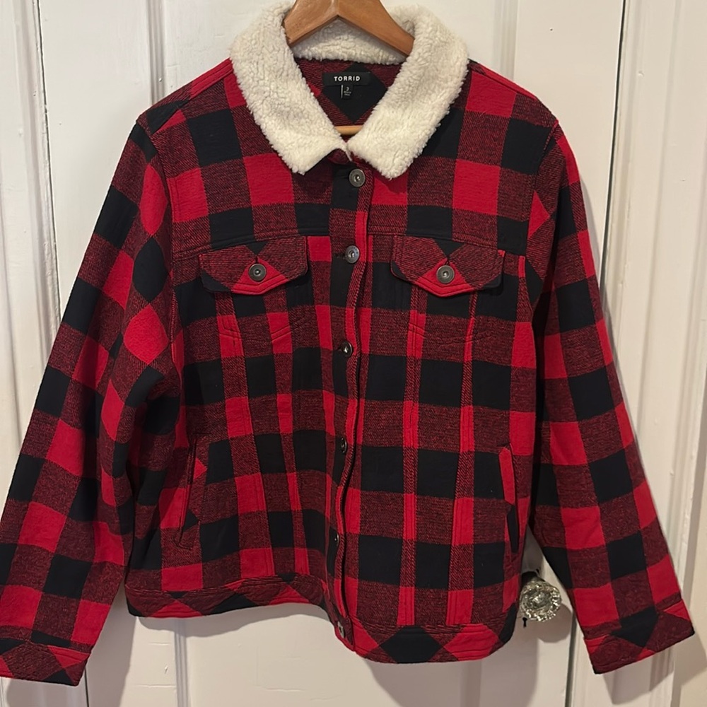 Torrid Sherpa Red Plaid collared Lined Trucker Jacket